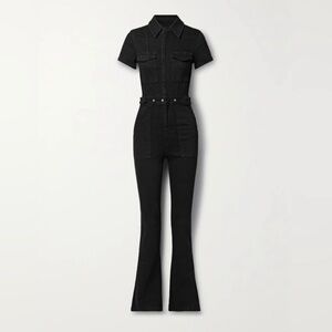 Good American Black Short-Sleeve Denim Jumpsuit with Flared Legs